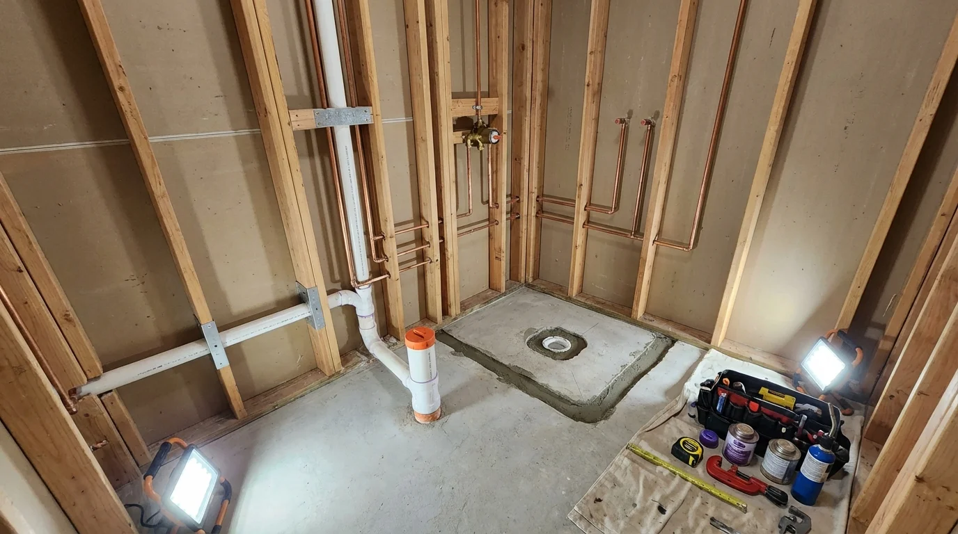 Bathroom rough-in plumbing during remodel by Johns Plumbing LLC in Canfield