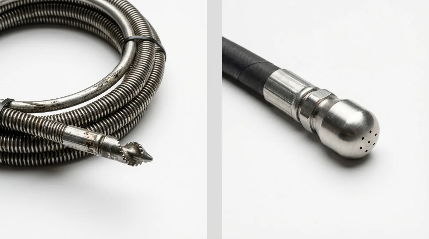 Drain snake cable and hydro jetting nozzle used for drain cleaning in Canfield, OH