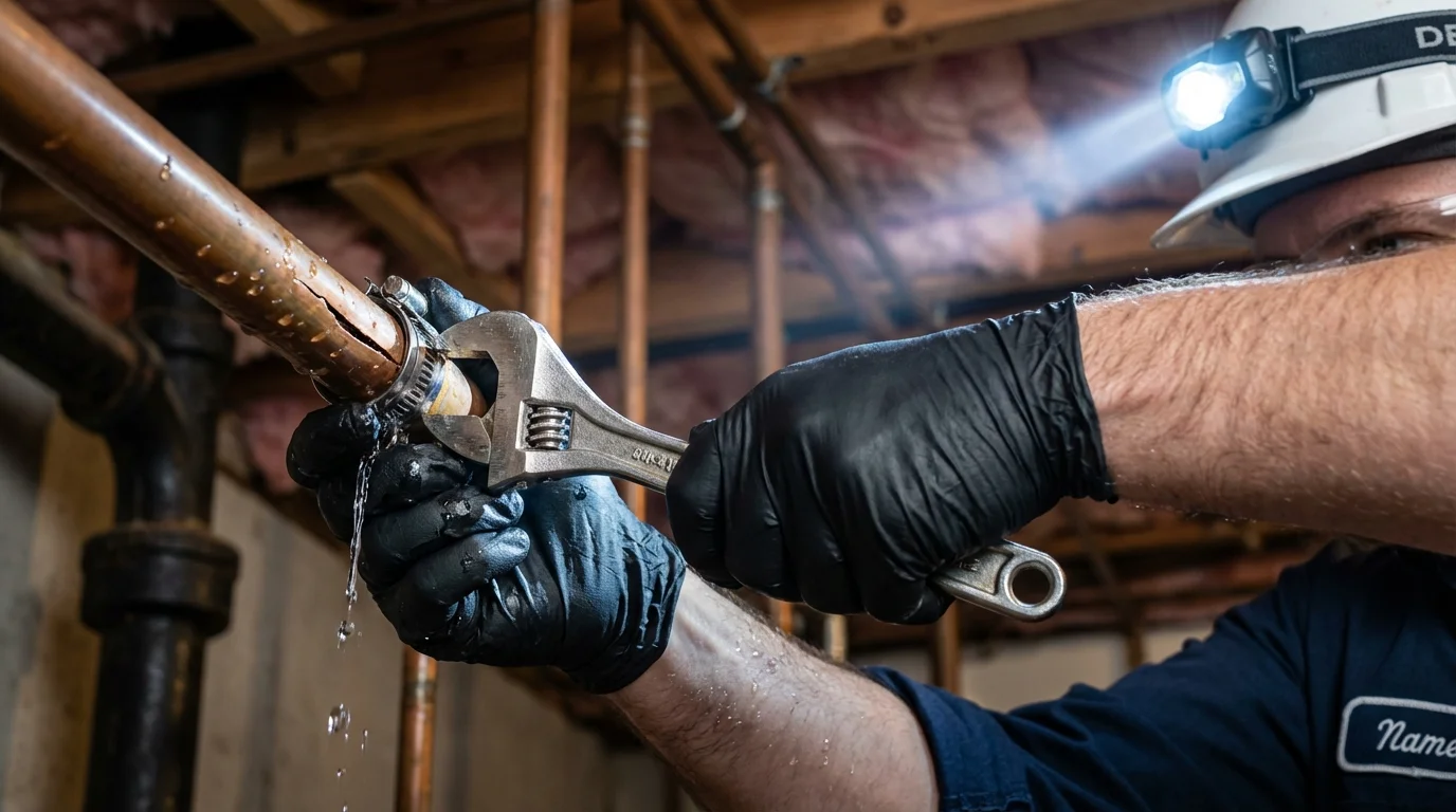 Emergency pipe clamp repair being performed by a Johns Plumbing LLC plumber in Canfield