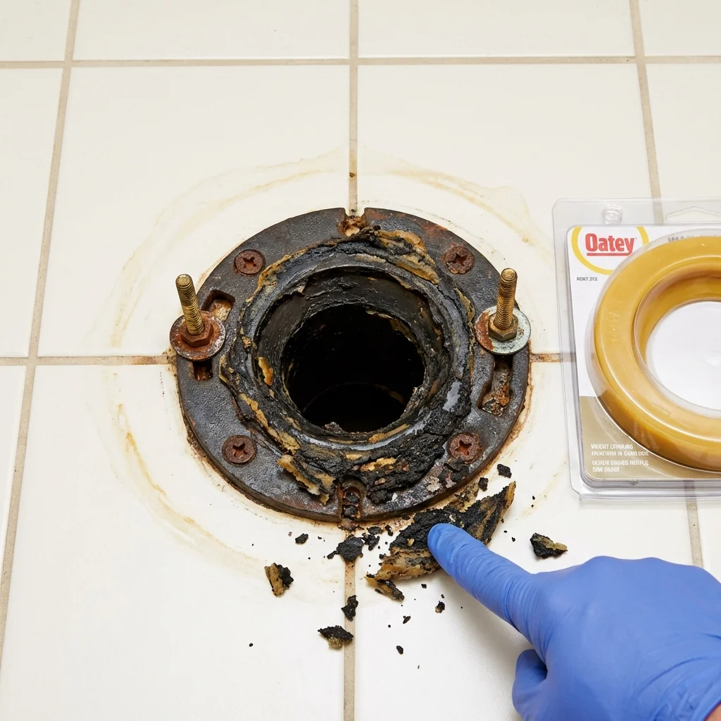 Failed wax ring showing water seepage at the base of a toilet in a Canfield, OH home