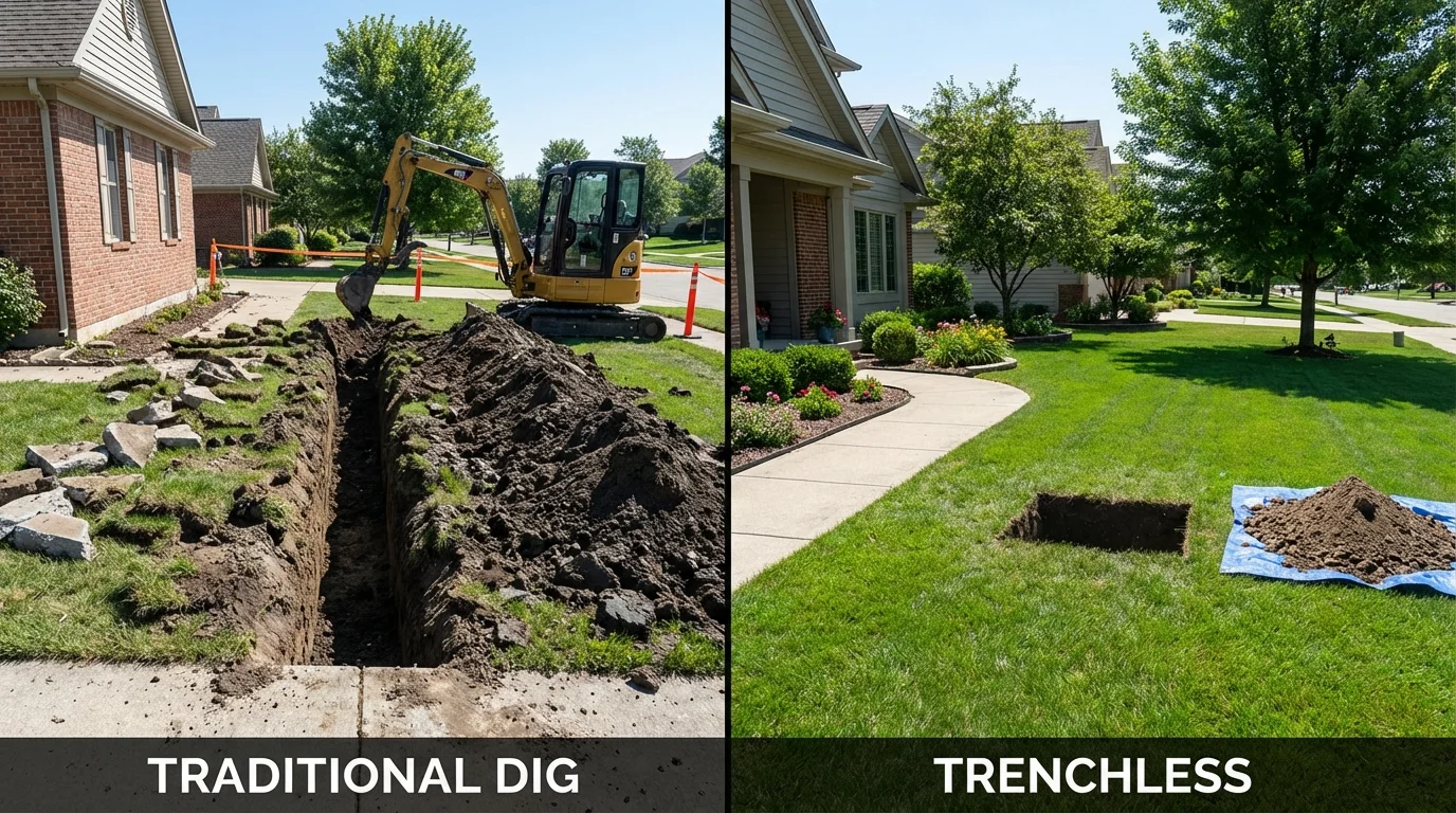 Trenchless sewer repair with minimal yard damage versus traditional excavation in Canfield, OH