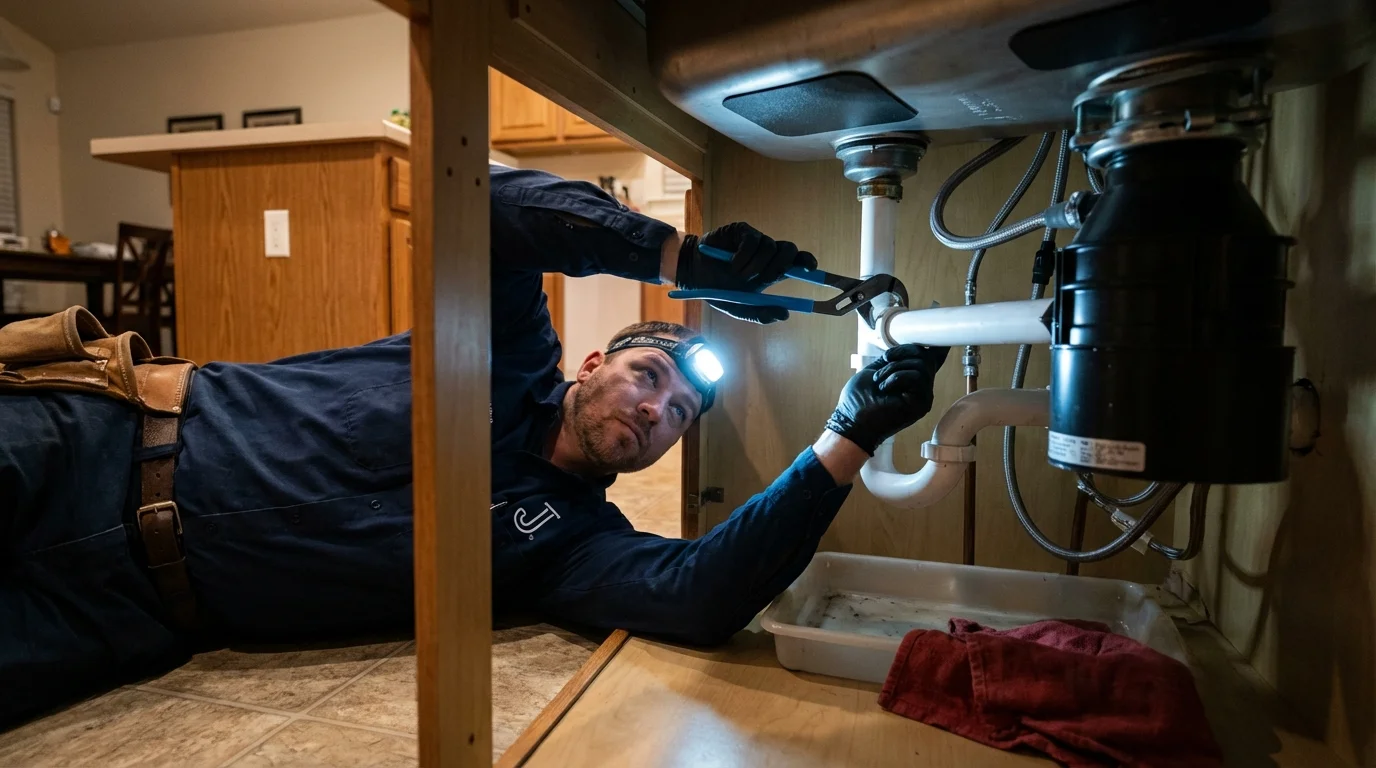 P-trap and supply line connections under a kitchen sink showing a common leak point in Canfield, OH